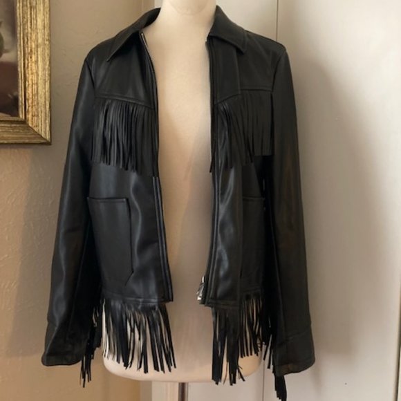 BIG SALE! Women's Black Faux-Leather Fringe Jacket By Sebby - Size M - Picture 2 of 8